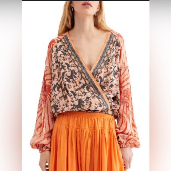 Free People|Cruisin Together Boho mixed print crop top,tribal floral long sleeve - Picture 3 of 16